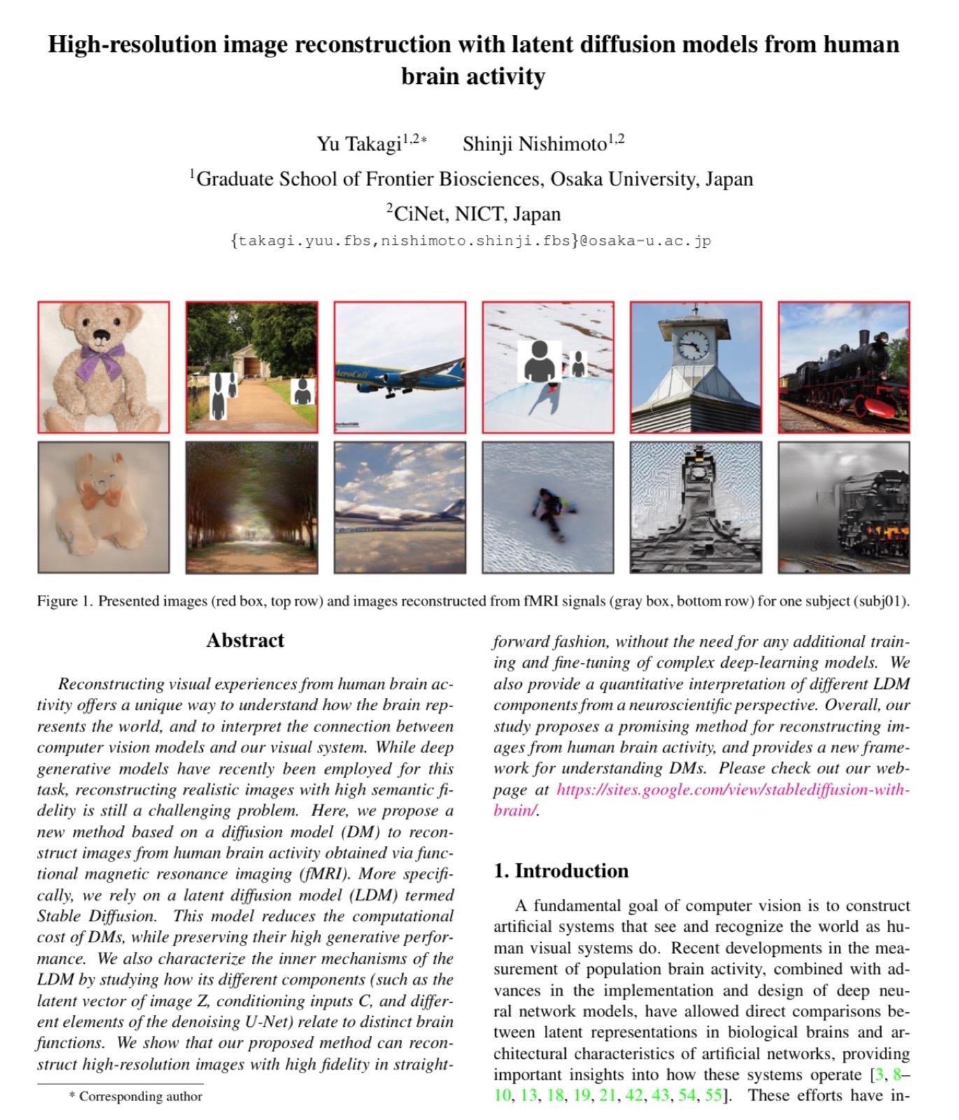 Yu Takagi 論文首頁，fMRI 訊號重建圖像對照